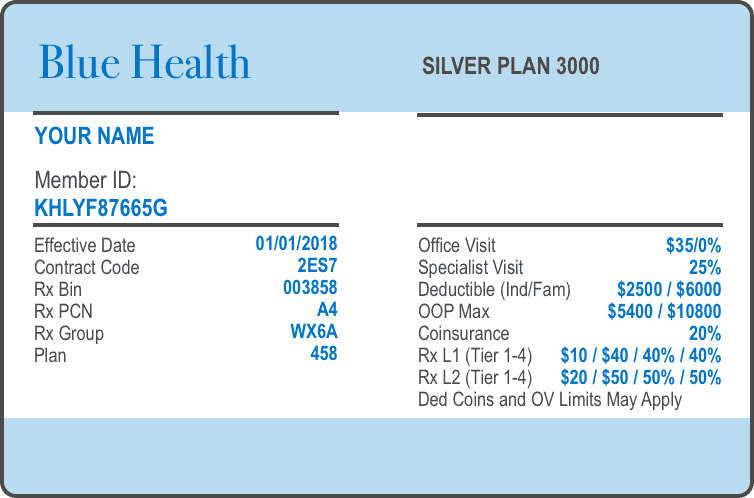Blue Health Insurance ID Card Example